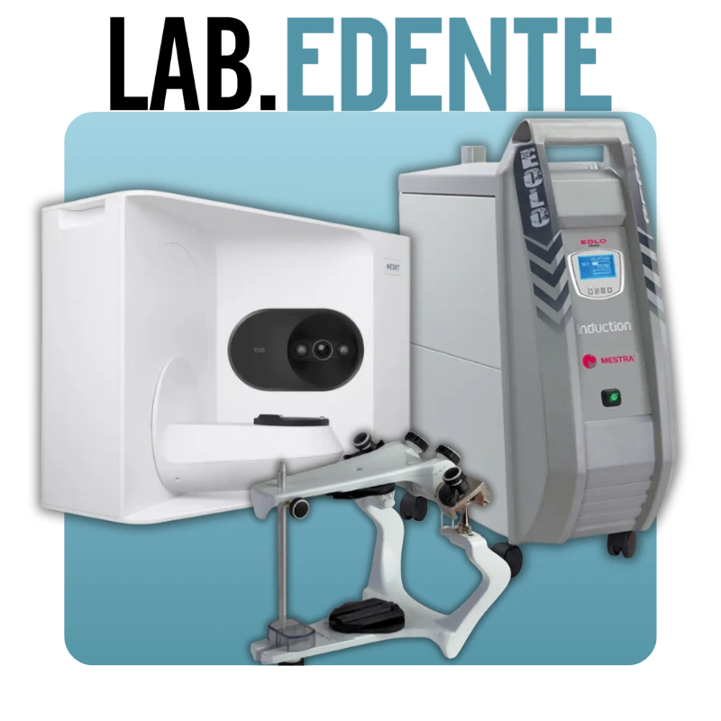 Dental lab equipment including a CBCT scanner, milling unit, and dental articulator on a blue background.