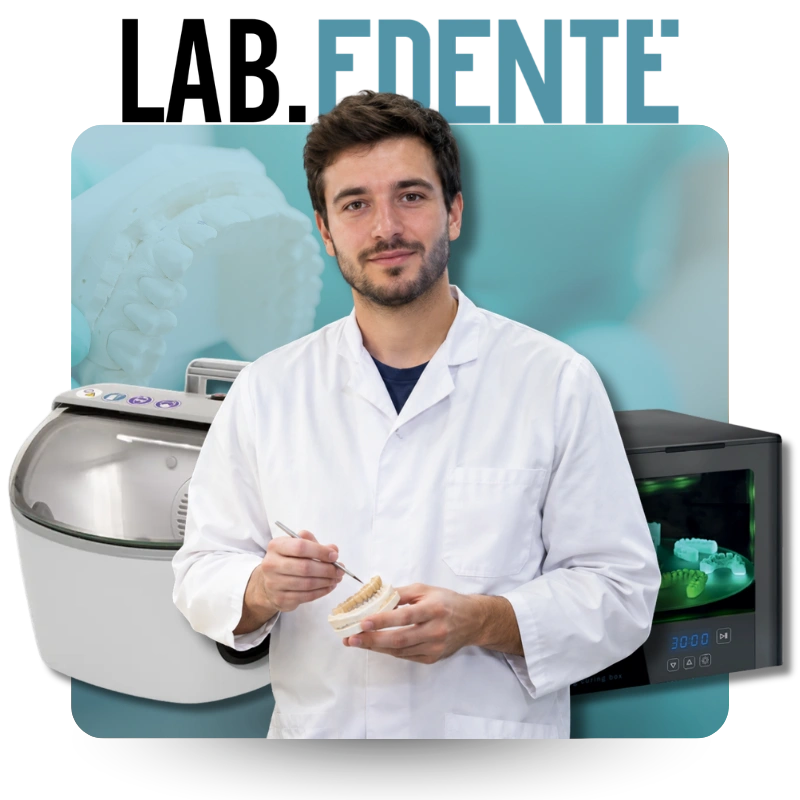 Dentist with white coat holding a dental model, standing in front of dental lab equipment like a 3D printer and dental model in the background.